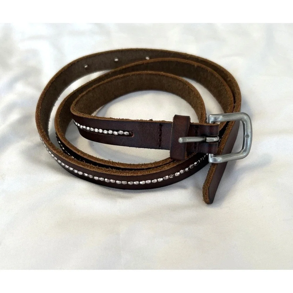 Womens Slim Brown Leather Belt Silver Micro‎ Studded Skinny Boho Western 41.5in